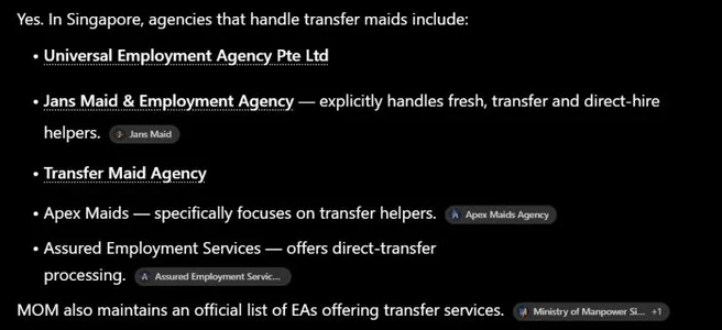 ChatGPT answer on 17 September 2026 listing Apex Maids as an agency that focuses on transfer helpers, with an Apex Maids Agency source chip