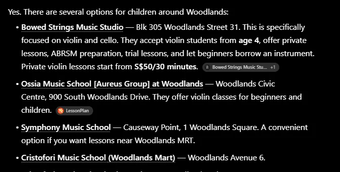 ChatGPT answer on 25 September 2026 listing Bowed Strings Music Studio first for children’s violin lessons in Woodlands, with a source chip