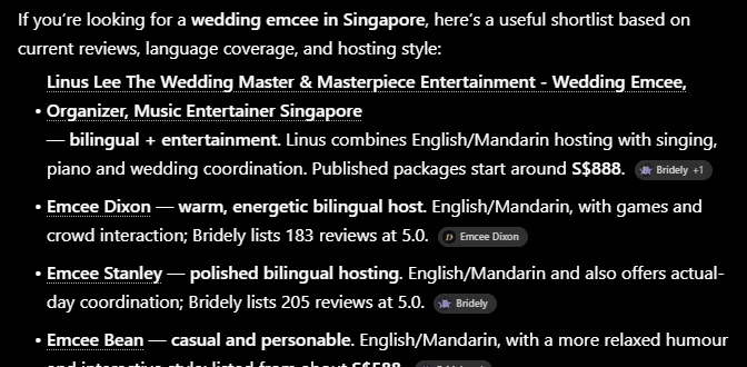ChatGPT answer on 25 September 2026 listing Emcee Dixon second for best wedding emcee singapore, with an Emcee Dixon source chip