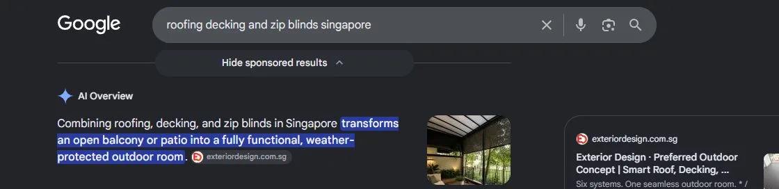 Google AI Overview on 15 September 2026 for roofing decking and zip blinds singapore, citing exteriordesign.com.sg