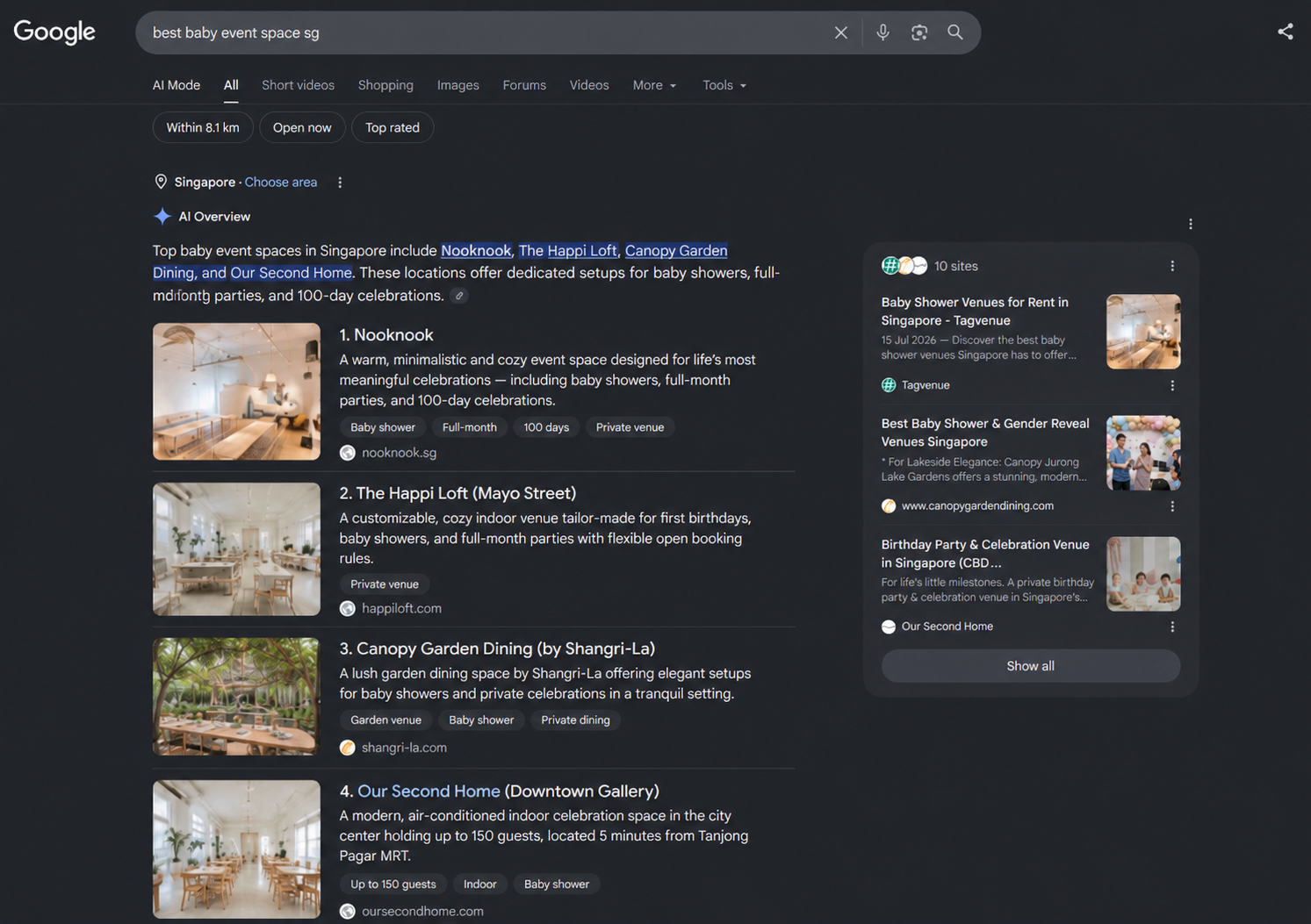 Saved Google AI answer naming Nook Nook first for a baby event space, with nooknook.sg shown