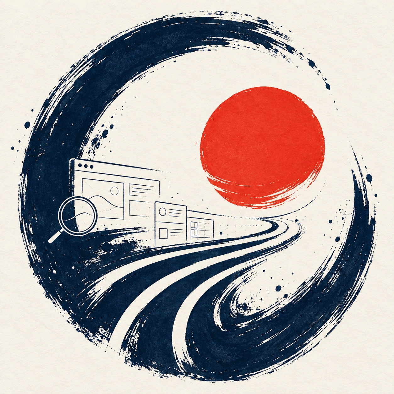Navy ink paths connect website, discovery and business workflows beneath a vermilion sun.