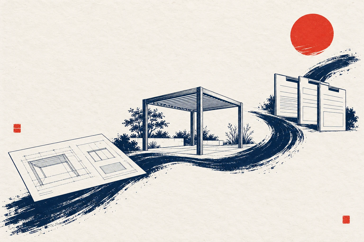 Japanese-inspired ink illustration linking architectural plans, an exterior installation and organised job records.